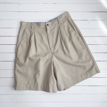 high waisted shorts | 80s 90s vintage Liz Claiborne tan light beige cotton khaki academia style pleated trouser shorts 
