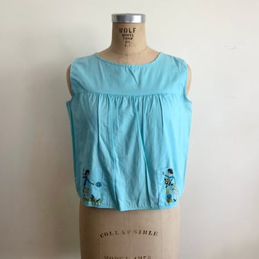 Blue Smock-Style Top with Bowling Ladies - 1950s 