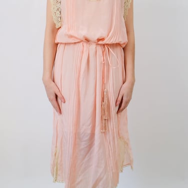 1920s Lightweight Pink Silk and Cream Lace Slip Dress with Original Fringe Belt