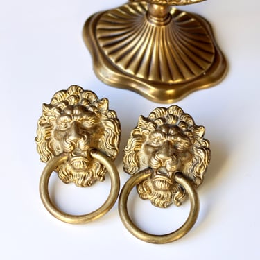 Antique Solid Cast Brass Lions Head Pull Rings - Natural Patina - Matching Pair of Two Heavyweight Handles - 4.25” 