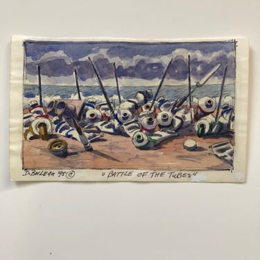 Small Watercolor Landscape Painting on paper titled Battle of the Tubes, signed and dated ‘95 
