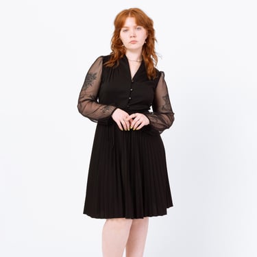 Vintage 70s Black Sheer Sleeve Gothic Party Dress - Medium | Retro Fit & Flare Long Sleeve Knee Length Little Black Dress 