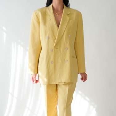 Vintage 90s SONIA BOGNER Lemon Yellow Double Breasted Linen Pant Suit w/ Cerulean Pinstripes | Made in Germany | 1990s BOGNER Designer Suit 