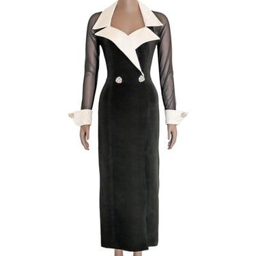 Vintage 80s Elegant Black Collared Pencil Gown Formal Evening Dress Slim-Fit Long Dress Party Gown Women's Classy Black Dress Mesh Sexy Gown 
