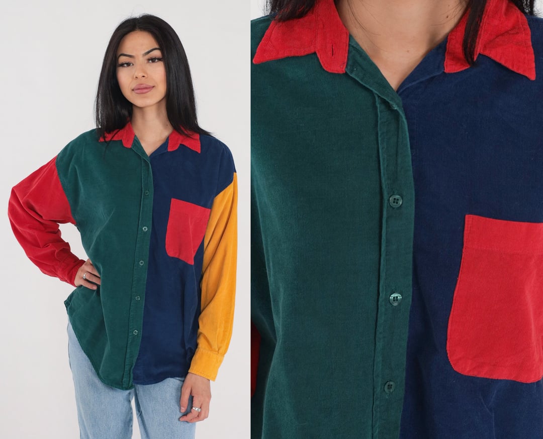 Color Block Shirt 90s Corduroy Button Up Shirt Retro Long