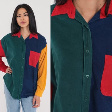 Color Block Shirt 90s Corduroy Button Up Shirt Retro Long Sleeve Collared Boyfriend Streetwear Green Red Blue Yellow 1990s Vintage Medium M 