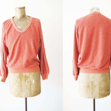 70s Terrycloth Coral Orange Pink Long Sleeve Shirt S M - Vintage 1970s V Neck Textured Boucle Knit Shirt 