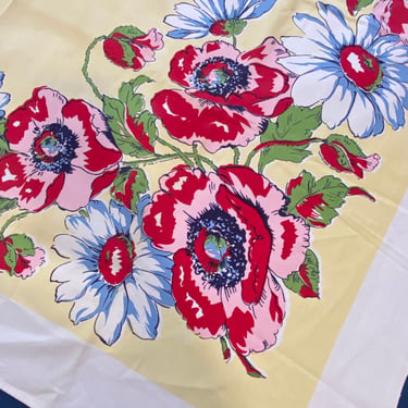 Bouquets of Summer Flowers, vintage tablecloth. signed "Paris", Pink and blue Flowers on Yellow Background, Linen Tablecloth, Vintage Floral 