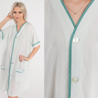 70s Pajama Dress Mini Sheer White Green Striped Loungewear Pajama Nightie Button Up Shirtdress Short Sleeve V Neck 1970s Vintage Large 