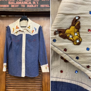 Vintage 1970’s Cowboy Rodeo Western Appliqué Rockabilly Shirt, 70’s Western Wear, 70’s Rhinestone Shirt, 70’s Shirt, Vintage Clothing 