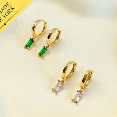 E166 Gold filled huggie hoop earrings, emerald earrings, dangle earrings, drop earring, minimalist earring, gold hoop earrings, gift for her 