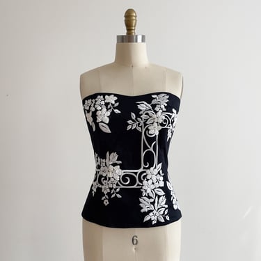 black embroidered bodice y2k vintage floral cottagecore maiden cosplay strapless top 