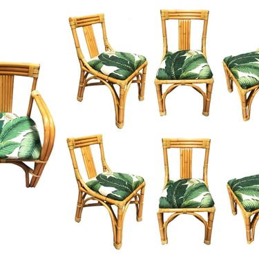 Restored Rattan Two-Strand Dining Chairs with Banana Leaf Cushions Set of 7 