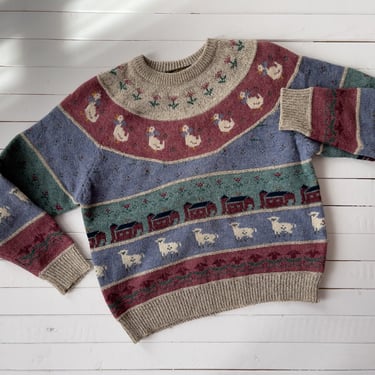 cute cottagecore sweater | 80s 90s vintage Eddie Bauer wool sheep goose duck farm animal country fair isle sweater 