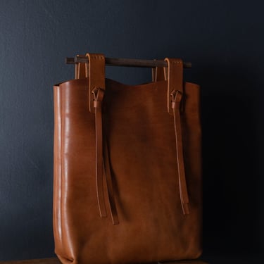Cognac Leather and Walnut Handle Basket Bag
