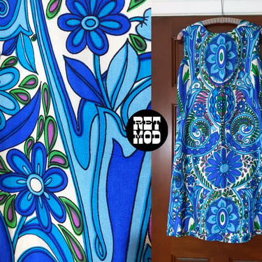 GORGEOUS Vintage 60s 70s Blue Psychedelic Patterned Sleeveless Shift Dress 