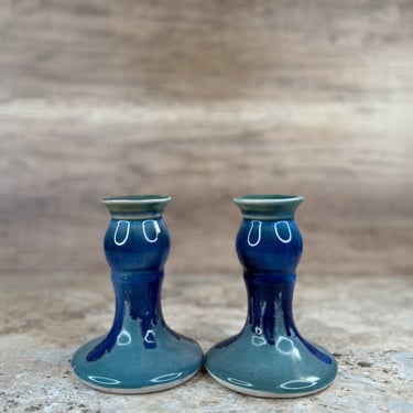 Vintage Signed Blue Ceramic Candle Holders - Handcrafted Pottery 