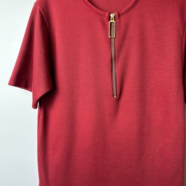 60’s Mod Groovy knit T-shirt~ ribbed knit zipper front shirts ~ retro ultra mod MCM tees/ maroon color/size Med 36-38 