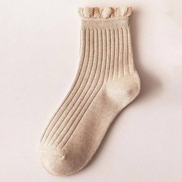 CUTE RUFFLE EDGE LACE MID-CREW SOCKS FOR WOMEN'S_CWMS0141: COFFEE / (OS) 10