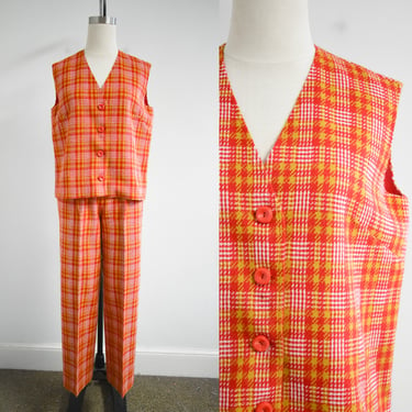 1970s Red and Golden Yellow Plaid Vest and Pants Set 