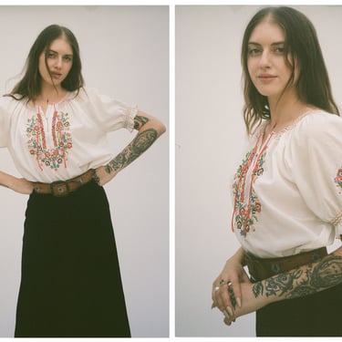 Vintage 1960s 60s White Peasant Folk Blouse w/ Rainbow Psychedelic Floral Embroidery // Puff Sleeves 