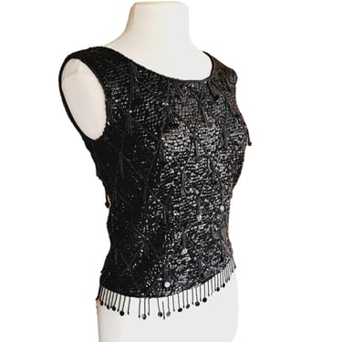 Vintage 60s Black Beaded Shell Top Dressy Sleeveless 