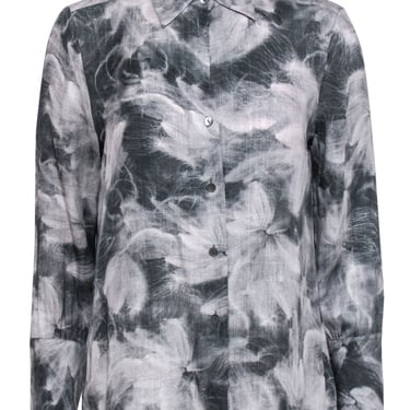 Theory - Grey &amp; White Abstract Floral Print Button-Up Silk Blouse Sz L
