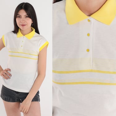 White Striped Polo Shirt 80s Top Cap Sleeve Blouse Yellow Ringer Tee Retro Collared Preppy Summer Button up Casual 1980s Vintage Small S 