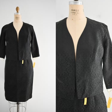 1960s NOS Black Damask Satin Skirt Suit 