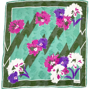 Lanvin 1980s Vintage Green Floral Jacquard Silk Chiffon Scarf 
