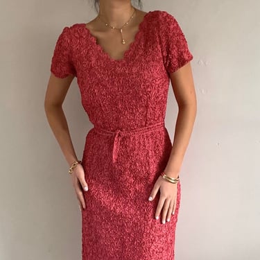 50s soutache dress / vintage watermelon pink stretchy soutache ribbon scoop neck belted dress | Small Medium 