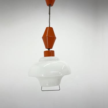 1950's Pull-down Pendant Light, Czechoslovakia / Mid-century Light / White & Red 