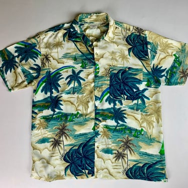 Vintage 90s Rayon Hawaiian Shirt Size Large Floral Palm Trees Boats Rockabilly 