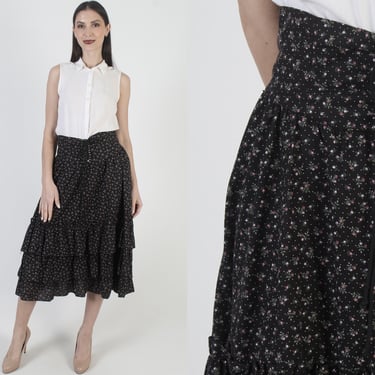 Gunne Sax Black Skirt, Calico Floral Print, Prairiecore Waist Corset, Womens Mid Length, Tag Size 11 