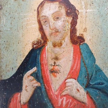 Antique 1800's Retablo, Sacred Heart of Jesus Original Oil Painting on Tin, Vintage Religious Folk Art 