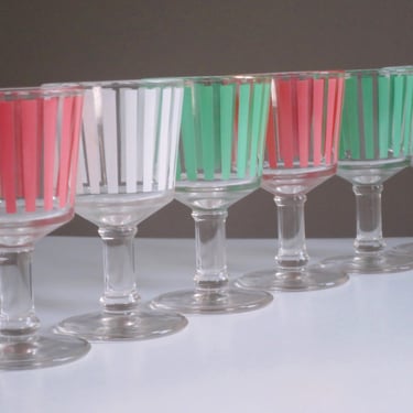 Mid-Century Spring Glassware, Pastel Stripe Stemmed Cordial Glasses, Aperitif Barware, Vintage Cordial Drinking Glasses 