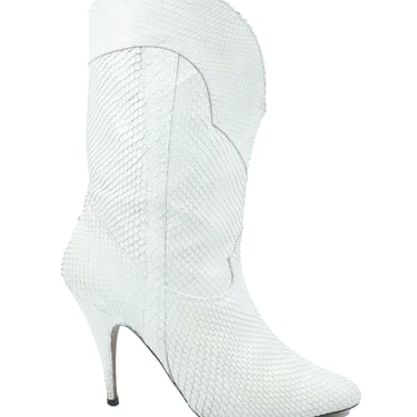 White Snakeskin Heeled Leather Boots, 7