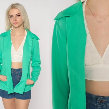 70s Green Jacket Retro Open Front Blazer Boho Hippie Top Summer Jacket Bohemian Simple Basic Plain Bright Statement Coat Vintage 1970s Small 