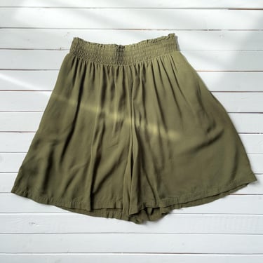 high waisted shorts 90s vintage olive green rayon wide leg shorts 