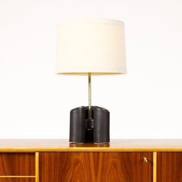 Geometric Brutalist Stoneware Table Lamp — Black Glaze —  Brass Detailing 