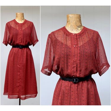 Vintage 1960s Semi-Sheer Shirtwaist Dress, 60s Rust Short Sleeve Frock with Black Novelty Print Folk Pattern, Small to Medium 
