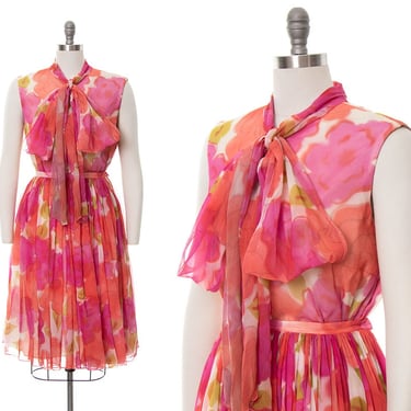 Vintage 1960s Two-Piece Set | 60s Floral Printed Crepe Chiffon Pussy Bow Blouse Full Swing Skirt Pink Dress Set (small) 