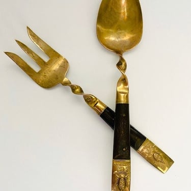 Vintage Thai wood and brass fork and spoon, 1970's 