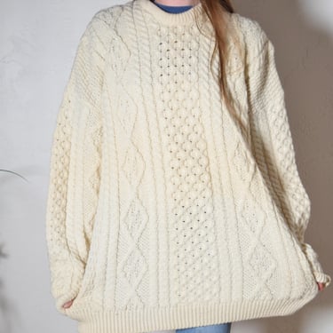 Vintage 70's Hooded Fisherman Sweater | White Cable Knit