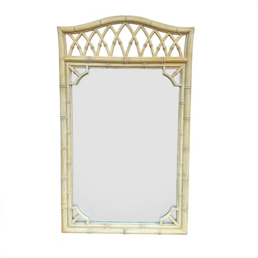 Faux Bamboo Fretwork Mirror 51x31 FREE SHIPPING Vintage Thomasville Allegro Creamy Yellow Arched Curved Top Coastal Hollywood Regency Style 