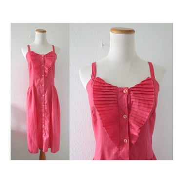 Vintage Pink Sundress - 80s Watermelon Pink Dress - Midi Length Summer Sundress Size XS Small 