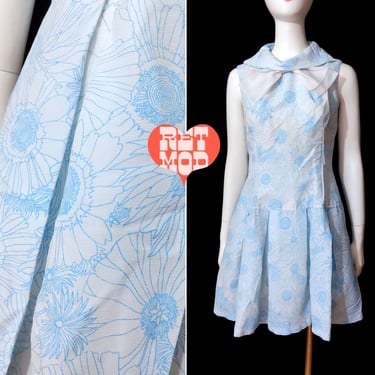 Cute Mod Vintage 60s Light Blue & White Flower Power Drop Waist Dress with Big Bow 