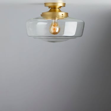 Clearance; 14” Large Clear hand-blown Glass, Schoolhouse Style Glass Shade Flush Mount Fixture - Previous Design 