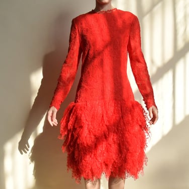 3192d / bill blass red lace dropwaist dress 