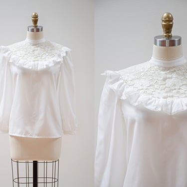 Edwardian style blouse | 70s 80s vintage white lace collar antique prairie style cottagecore blouse 